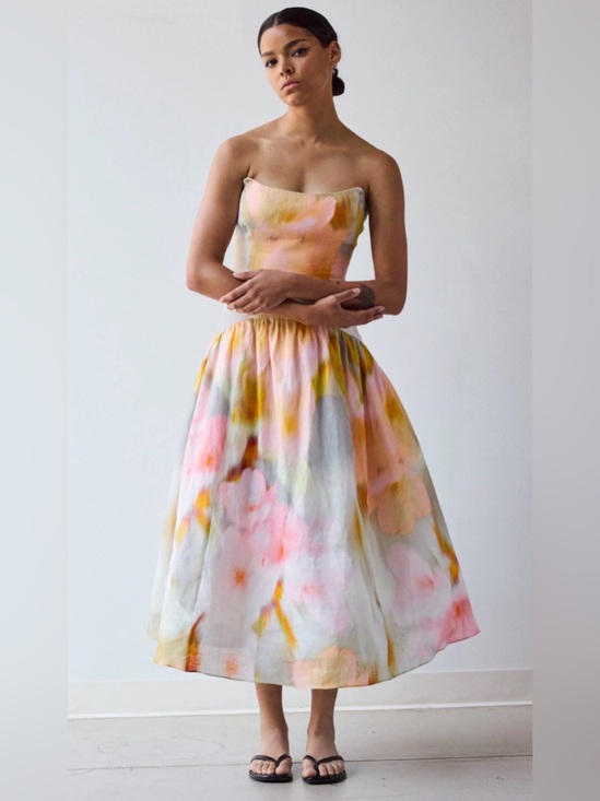 Tracy Reese Dresses & Skirts - Tracy Reese Strapless Watercolor Floral Midi Dress in Pink, Yellow and Cream